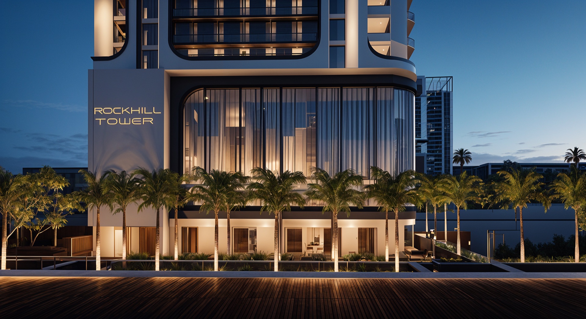 Rockhill Tower — вход в башню вечером, Al Alia, Ajman